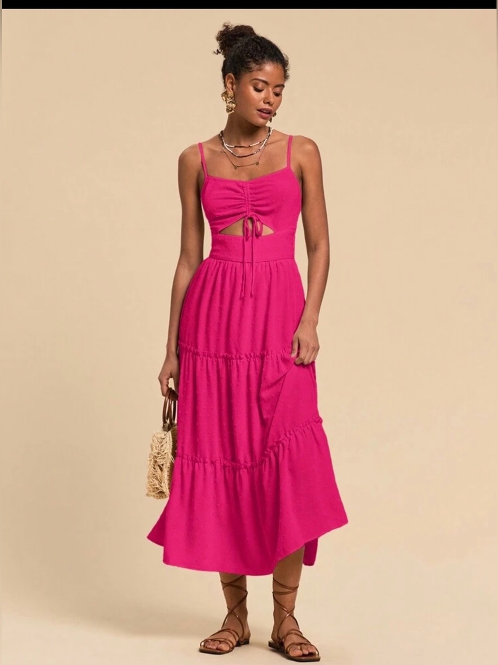 Shein Hot Pink Tie-Front Tiered Midi Dress